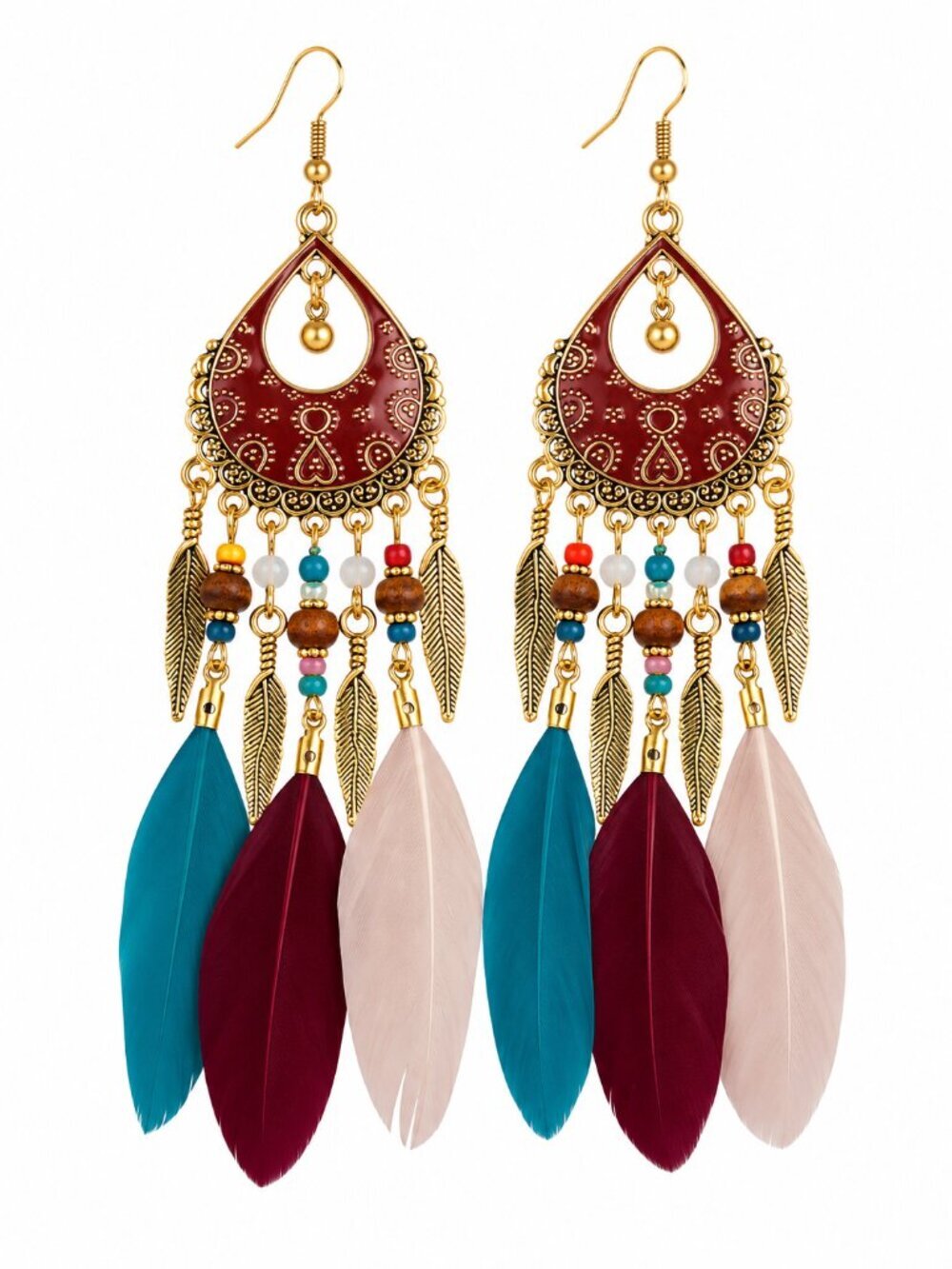 🆕 Boho Gold Tone Long Multi Feather Dangle Earrings Statement Jewelry NWOT